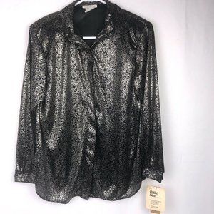 Vintage 80's Womens SZ 6P Holiday Party Sheer Black & Silver Blouse NWT
